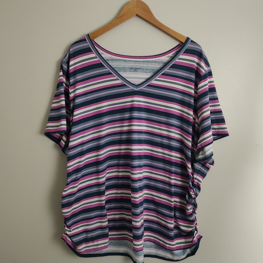 Lane Bryant Striped V-Neck Tee Blue and Purple 30/32